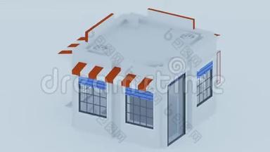 旋转360度等距场景的三维动画。 建筑、窗户、门、空调和天篷的简单模型